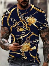 Camiseta Barroco Dorado Cadena Oro Negro Novedad Moda Fantasía MangaCorta Fiesta