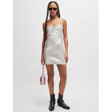 Mini Vestido HUGO Para Mujer Kateresa-1 Metálico Imitación Cuero Muesca Plateado Talla 0 Nuevo con Etiquetas