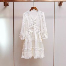 Vestido Francés Para Mujer Moda Vacaciones Encaje Cuello en V Vestido Mangas Largas Vestido de Fiesta