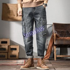 Mono vaquero retro de moda para hombre Pantalones cargo Bolsillos Pantalones rectos Sueltos