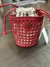 Mini Bandolera/Bolso de Hombro Tory Burch Rojo Tejido Bucket con Correa AjustableNUEVO CON ETIQUETAS