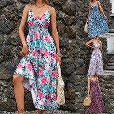 Moda para mujer Vestido Verano Estampado Cuello en V Tirantes Vestido Sin Mangas Falda Larga