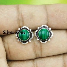Aretes hechos a mano de plata de ley 925 con piedras preciosas de malaquita