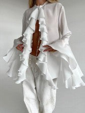 Camisa de mujer de moda transparente con cuello de solapa volantes mangas largas calce ajustado