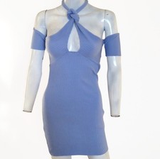 Vestido ZARA Mujer Pequeño Azul Halter Cuello Acanalado Nudo Detalle Fuera de los Hombros