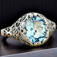 ANILLO FILIGRANA ESTILO ANTIGUO PLATA ESTERLINA 925 TOPACIO AZUL CIELO GENUINO 2 QUILATES 695