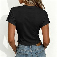 Moda Mujer Top Manga Corta Poliéster Cintura Pliegues y Corte Estrecho