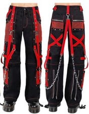 Pantalón Hombre Negro Punk Rock Estilo Gótico Pantalón con Correas Rojas 100% Algodón