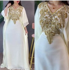 Vestido Largo Farasha Abaya Blanco Dubai Hecho a Mano Elegante Vestido Caftán Marroquí