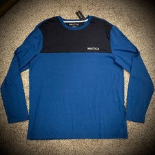 Hombres XL NAUTICA CAMISETA MANGA LARGA Azul Oscuro Negro Bordado Logo Deletrecho $44