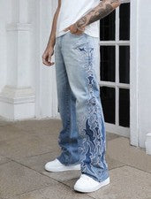 Pantalones de mezclilla informales de pierna recta bordados holgados bordados para hombre ropa de calle