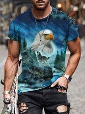 Camiseta Novedad Moda Águila Lobo Patrón Casual Azul Camisetas De Manga Corta