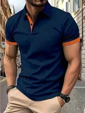 Camisetas polo cuello abotonado azul liso naranja ribete golf para hombre moda deporte T