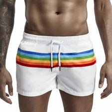 Pantalones cortos boxer para hombre a rayas arco iris moda pantalones con flecha transpirables calce suelto