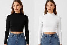 Camiseta básica elástica ajustada de manga larga con cuello falso para mujer LXL
