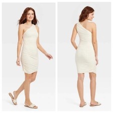 NUEVO A New Day Mini Vestido Para Mujer Tejido Acanalado Un Hombro - Crema