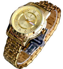 Herren Edelstahl Armband Uhr Herrenuhr GoldFarben mit Tag/Datumsanzeige Strass