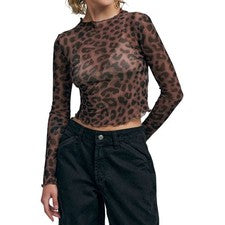 Camiseta corta de manga larga con estampado de dinero de moda transparente de malla para mujer7093