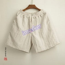 Pantalones cortos de lino estilo chino retro para hombre informales con cordón verano cintura media