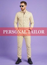 Pantalones de mezclilla de cuero beige 100 % piel de cordero para hombre estilo bolsillos en el pecho