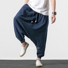 Pantalones de entrepierna baja de algodón de lino estilo chino para hombre Pantalones étnicos informales