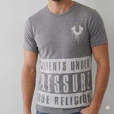 $68 TRUE RELIGION Gris CONTENIDO Camiseta Gráfica de Diseñador Manga Corta Nueva con Etiquetas