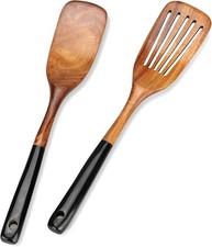 Juego de 2 espátulas de madera para cocinar utensilios de cocina de teca no tóxicos ranurados...