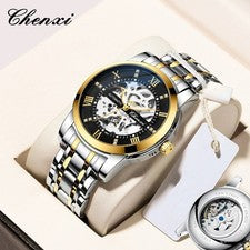 Reloj mecánico automático de negocios luminoso hueco de acero dorado para hombre CHENXI