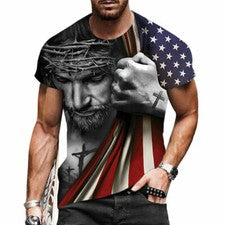 Camiseta Hombre Manga Corta Cruz Cristiana Bandera estadounidens Ajuste clásico