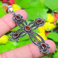 Cruz-Colgante de plata de ley 925 hecho a mano con piedras preciosas de cornalina roja 2,68" i870