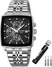 SKMEI G2434 caja de plata esfera negra cronógrafo cuadrado reloj auténtico pa...