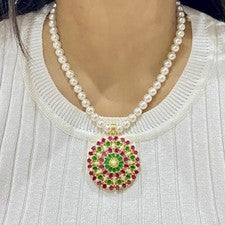 Conjunto de collar de perlas indias piedras rubí esmeralda chapado en oro de 22K pendientes colgantes