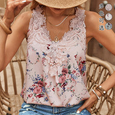 Camiseta Top Para Mujer Verano Moda Sexy Estampada Cuello en V Encaje Encaje Sin Mangas