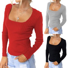 Mujeres Cuello Cuadrado Acanalado Prendas para el torso Camisetas Damas Manga Larga Delgado Jersey Blusa Reino Unido