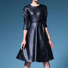 Vestido de cuero negro para mujer piel de cordero genuina moda para mujer