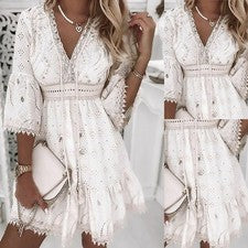Vestido bohemio blanco con cuello en V y bordado de flecos huecos para mujer Lo