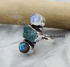 Anillo Aguamarina Cruda Plata de Ley 925 Labradorita y Piedra Lunar Todas las Tallas MO**