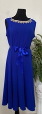 NUEVO CON ETIQUETAS HAANI Vestido Para Mujer Azul Adornado Cuello Joyas Sin Mangas Cinturón Talla XL