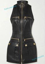 Mini vestido de cuero negro con cremallera para mujer sin mangas para fiesta ropa de club nocturno ropa elegante