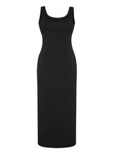 Vestido informal largo de cuello redondo liso para mujer
