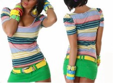 Mujer Moda Camisa Raff Corta Girly Top Rayas Anillos 34/36/38 Nuevo Freesize