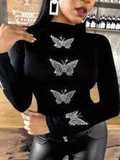 Camiseta Estampada Mariposa Diamantes Imitación infor Manga Larga Moda Mujer
