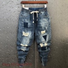 Moda Para Hombres Cintura Elástica Agujeros Rasgados Jeans Ajustados Retro Harén Pantalones Informales
