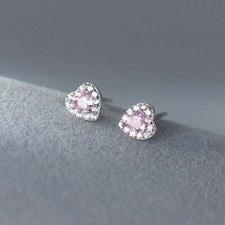 Pendientes Pequeños Corazón Plata 925 Circonitas Rosa Mujer Niña Pendientes