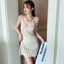 Mini Vestido Para Mujer Verano Tejido Hueco Bodycon Boho Playa Espagueti Correa Crochet