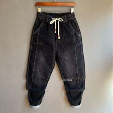 Pantalones ajustados de mezclilla de moda para hombre Pantalones de mezclilla con cordón Pantalones informales Cintura e