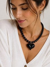 Collar llamativo negro corazón colgante cadena de perlas mujer joyería elegante