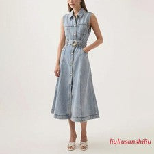 Mujeres Moda Vestido Solapa Sin Mangas Cinturón Línea A Maxi Vestido con Botones Nuevo