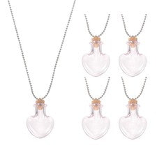 5 Pcs Vial Necklace, Stainless Steel Glass Heart Perfume Bottle 27mm, Pink