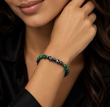 Pulsera Mujer 8mm Malaquita Verde, Ónix Negro y Hematita – 17cm – Hema a Mano –